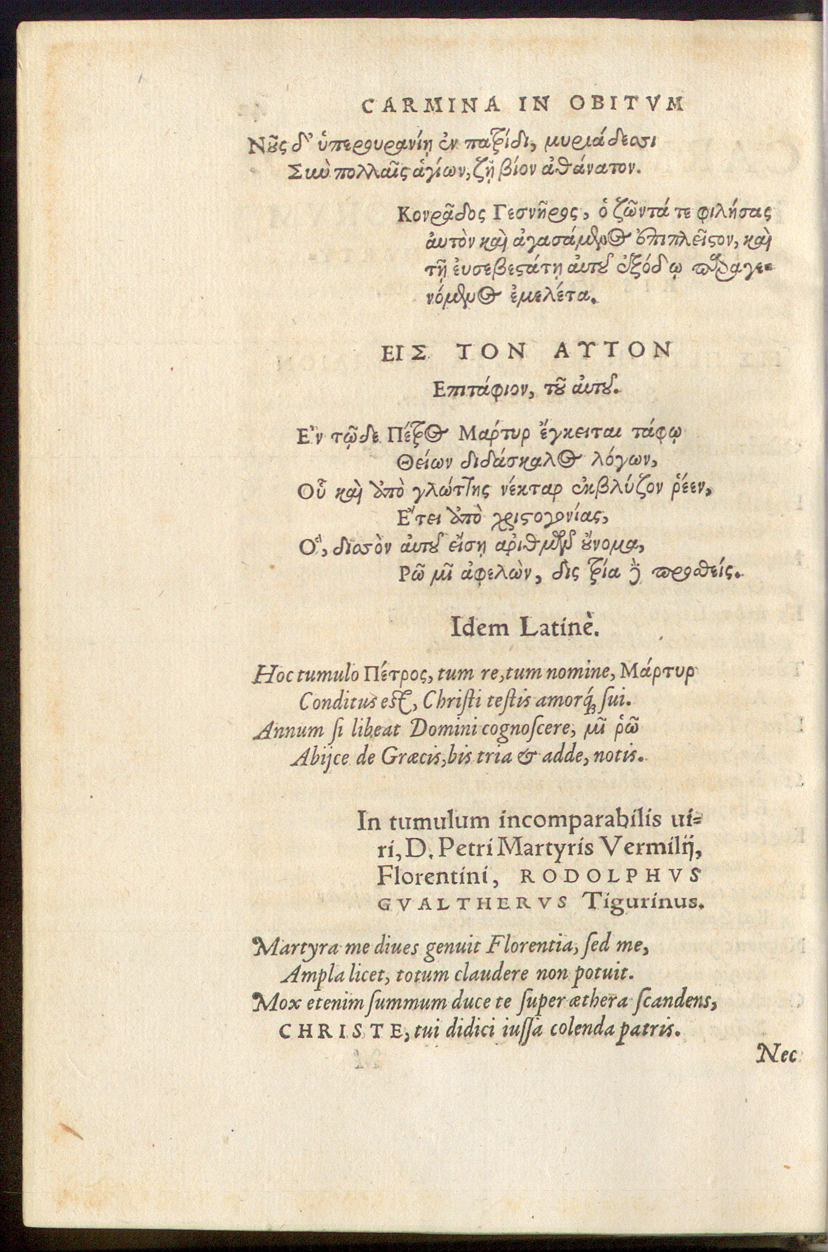 Gessner on the Death of Peter Martyr Vermigli, in Simmler (1563), 2
